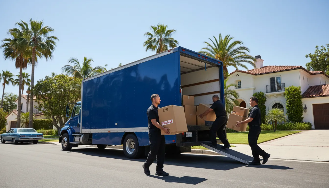 Professional movers in Los Angeles loading a moving truck in front of a home