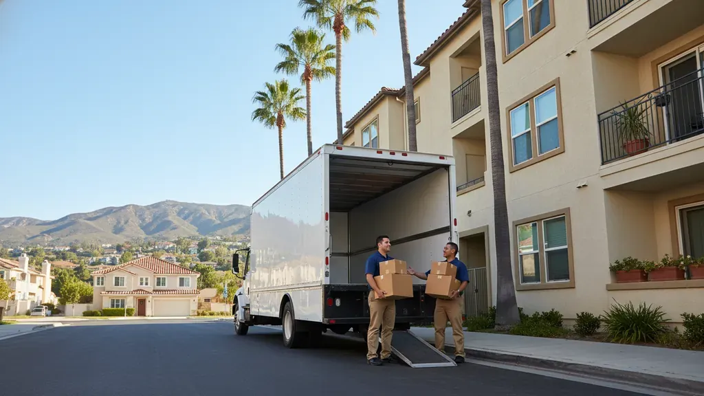 Professional movers preparing for moving to Glendale CA near an apartment building