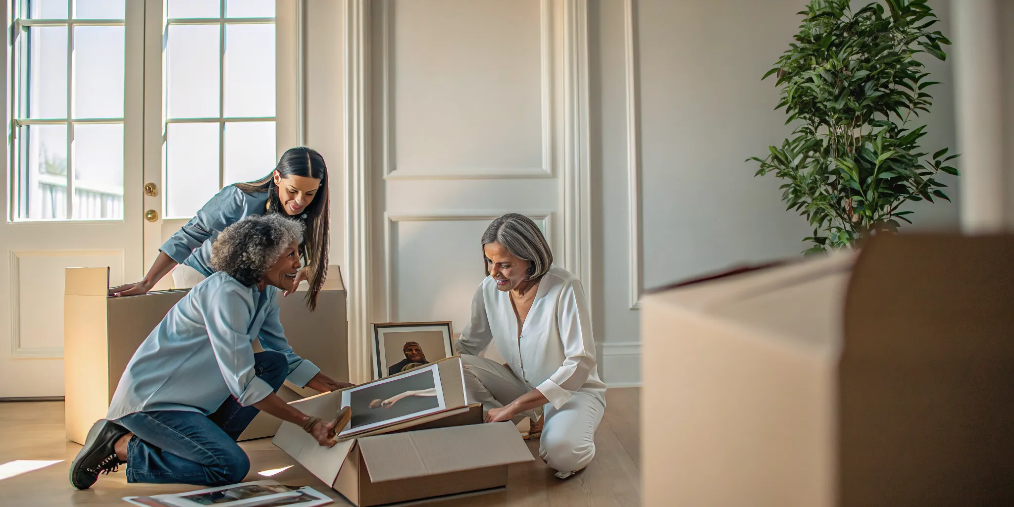 Senior woman and her daughter packing framed family photographs with professional movers in Los Angeles