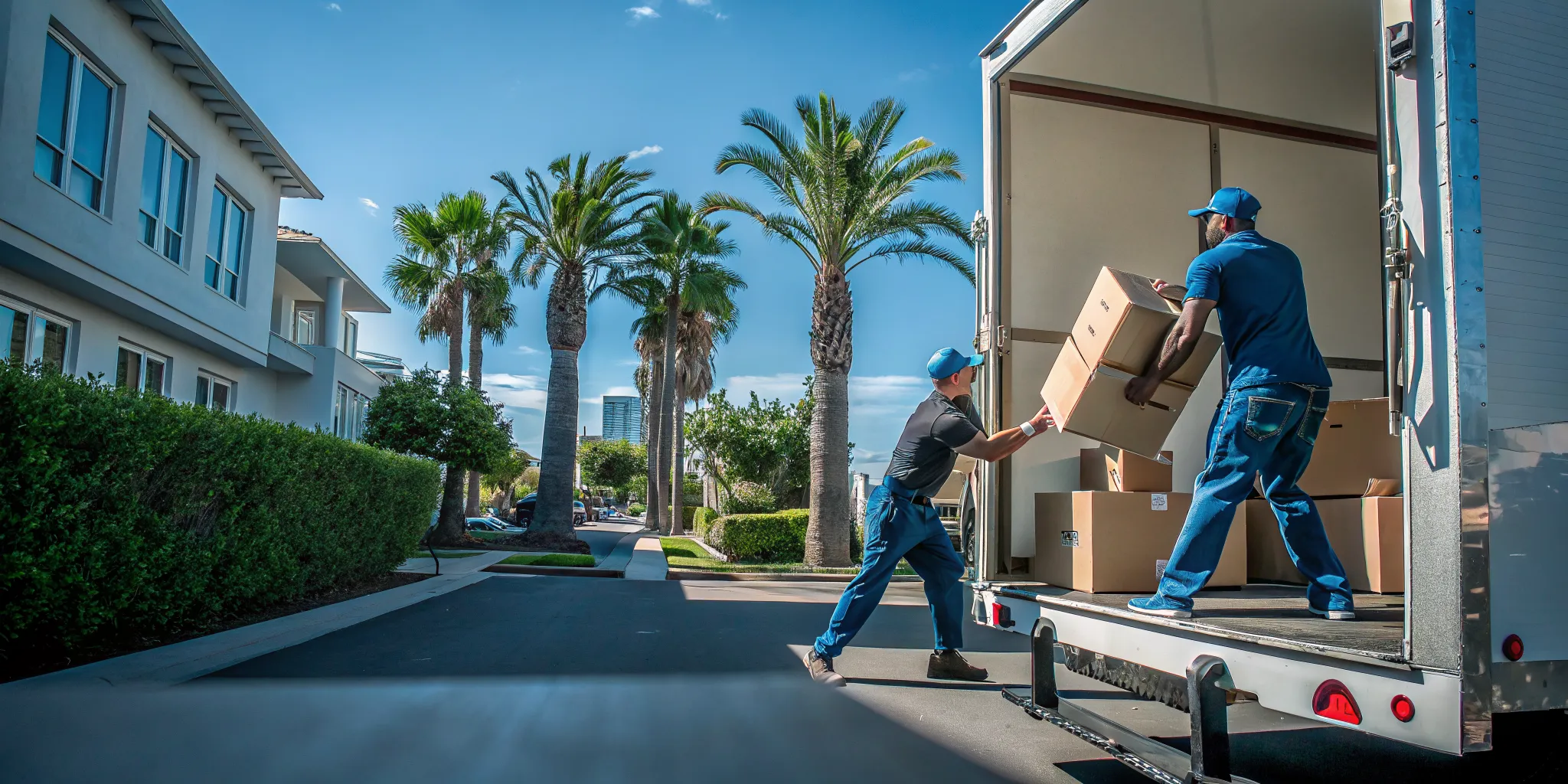 Professional same-day movers loading a truck outside a Los Angeles home