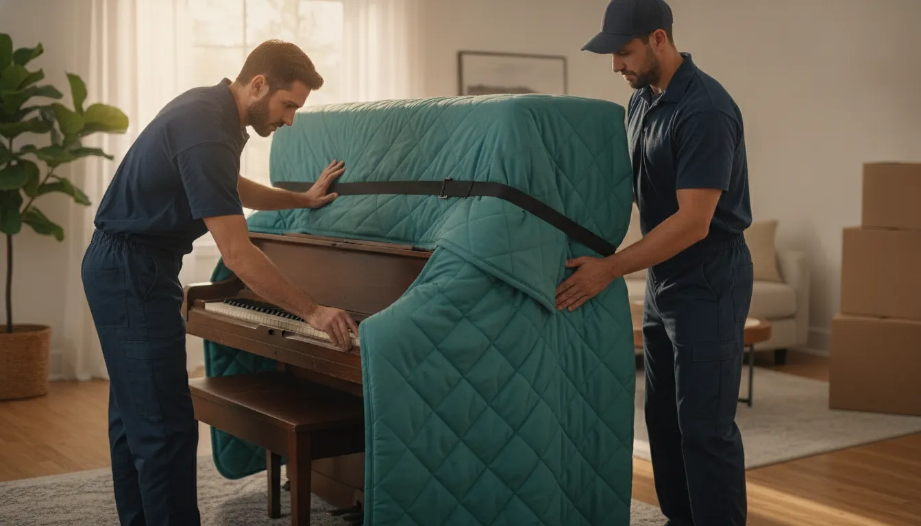 Movers securing protective padding and straps around an upright piano before a local move