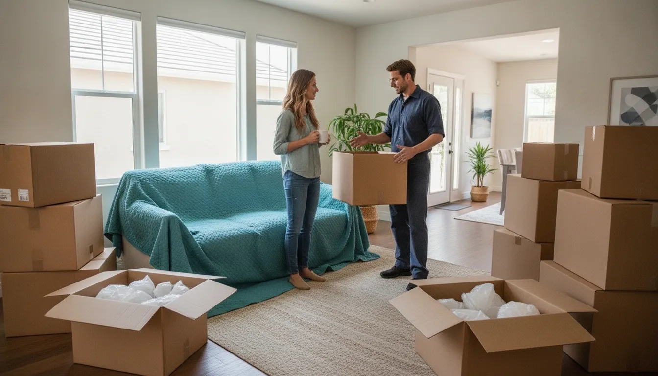 Residential movers coordinator organizing moving boxes with a family