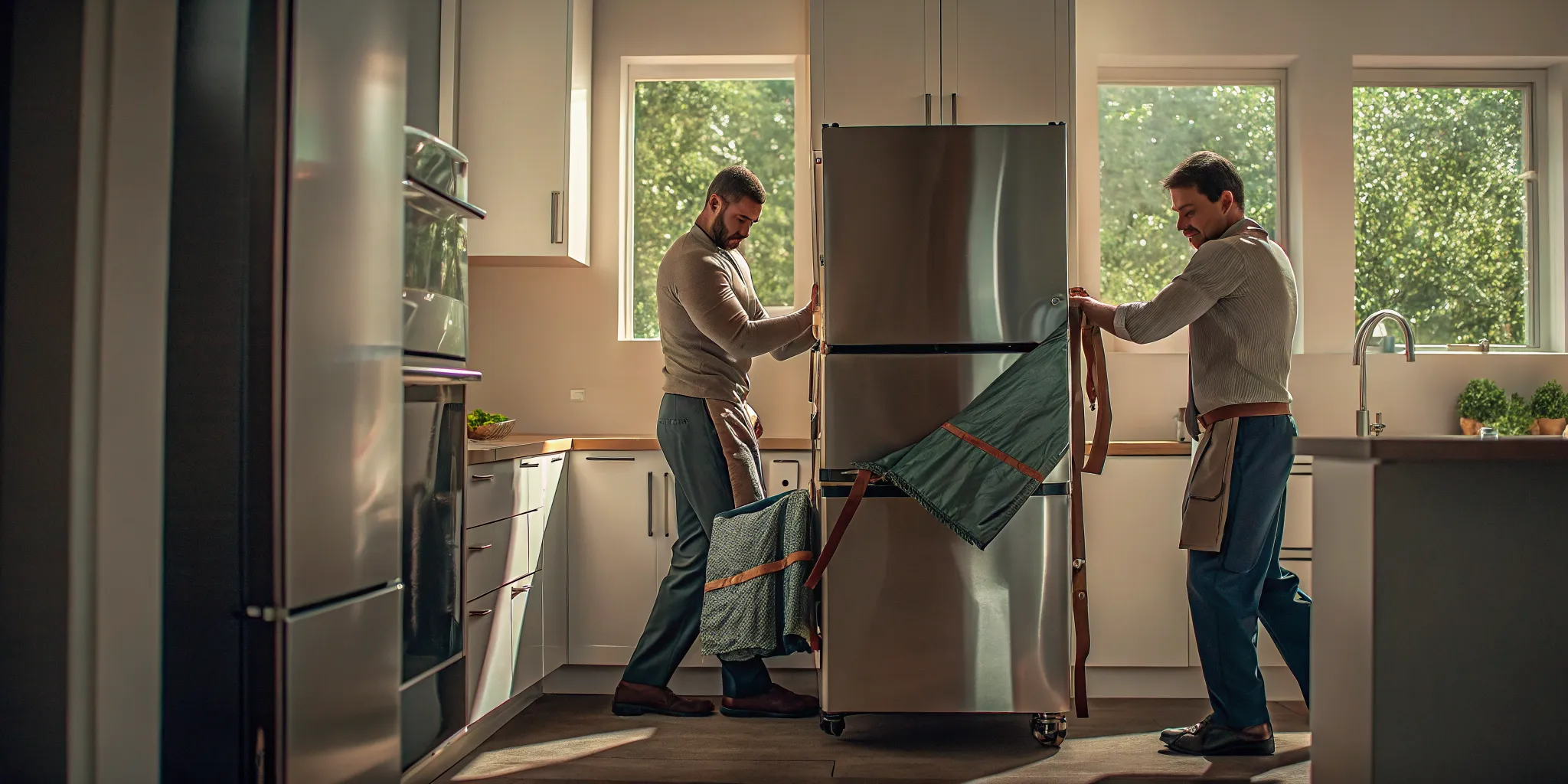 Professional movers demonstrating how to move large appliances with a refrigerator dolly