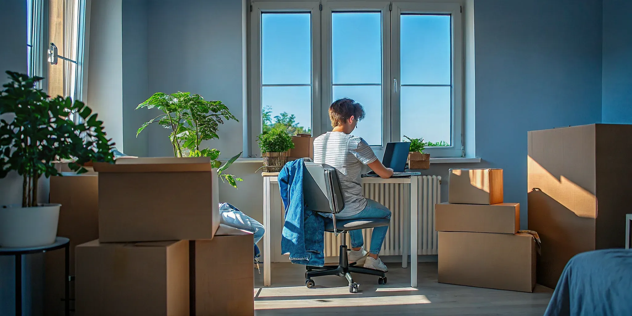 Young person planning a move budget on a laptop surrounded by packing boxes in a bright apartment
