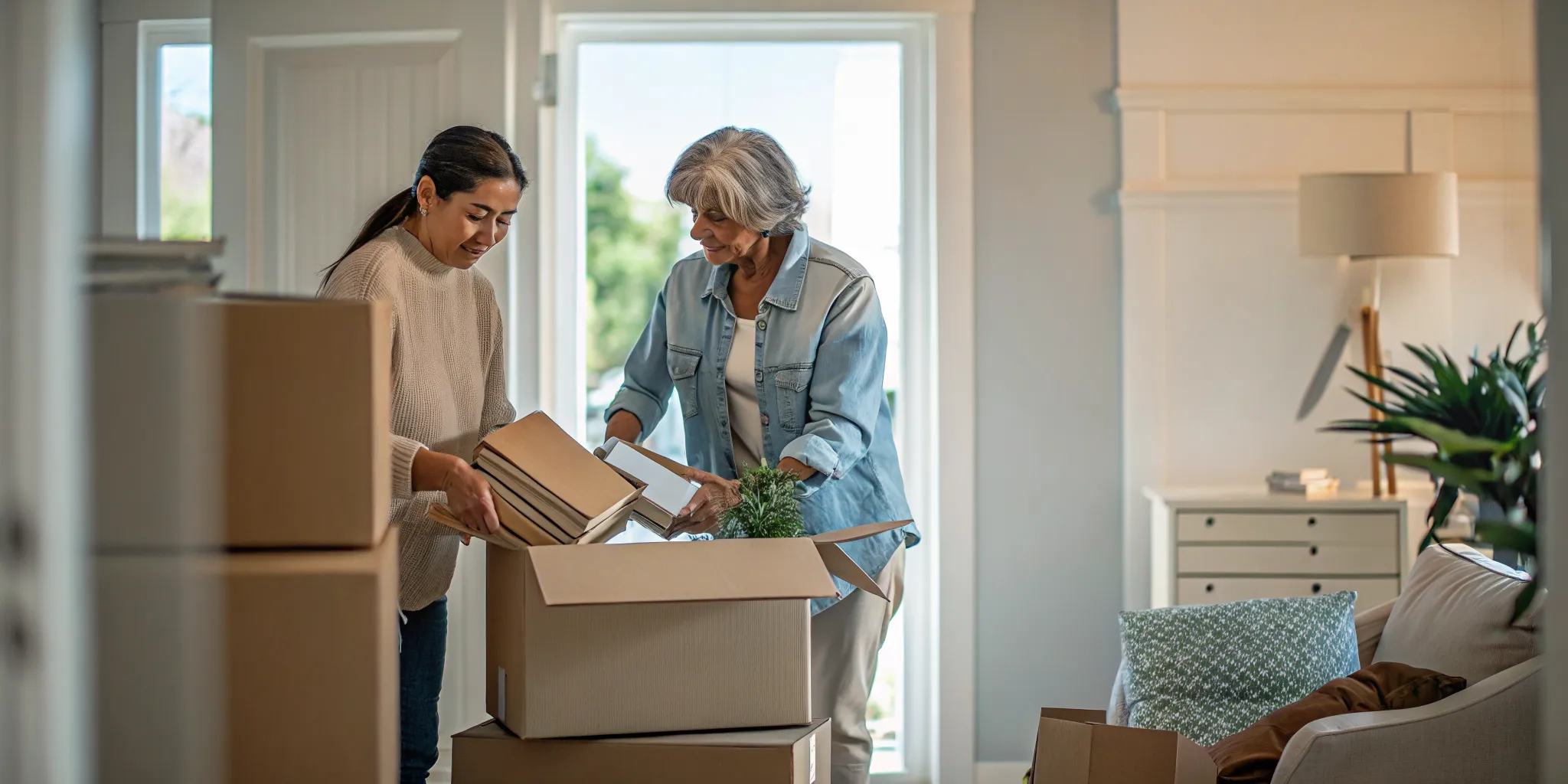 Older adult and daughter carefully downsizing keepsakes before a Los Angeles move