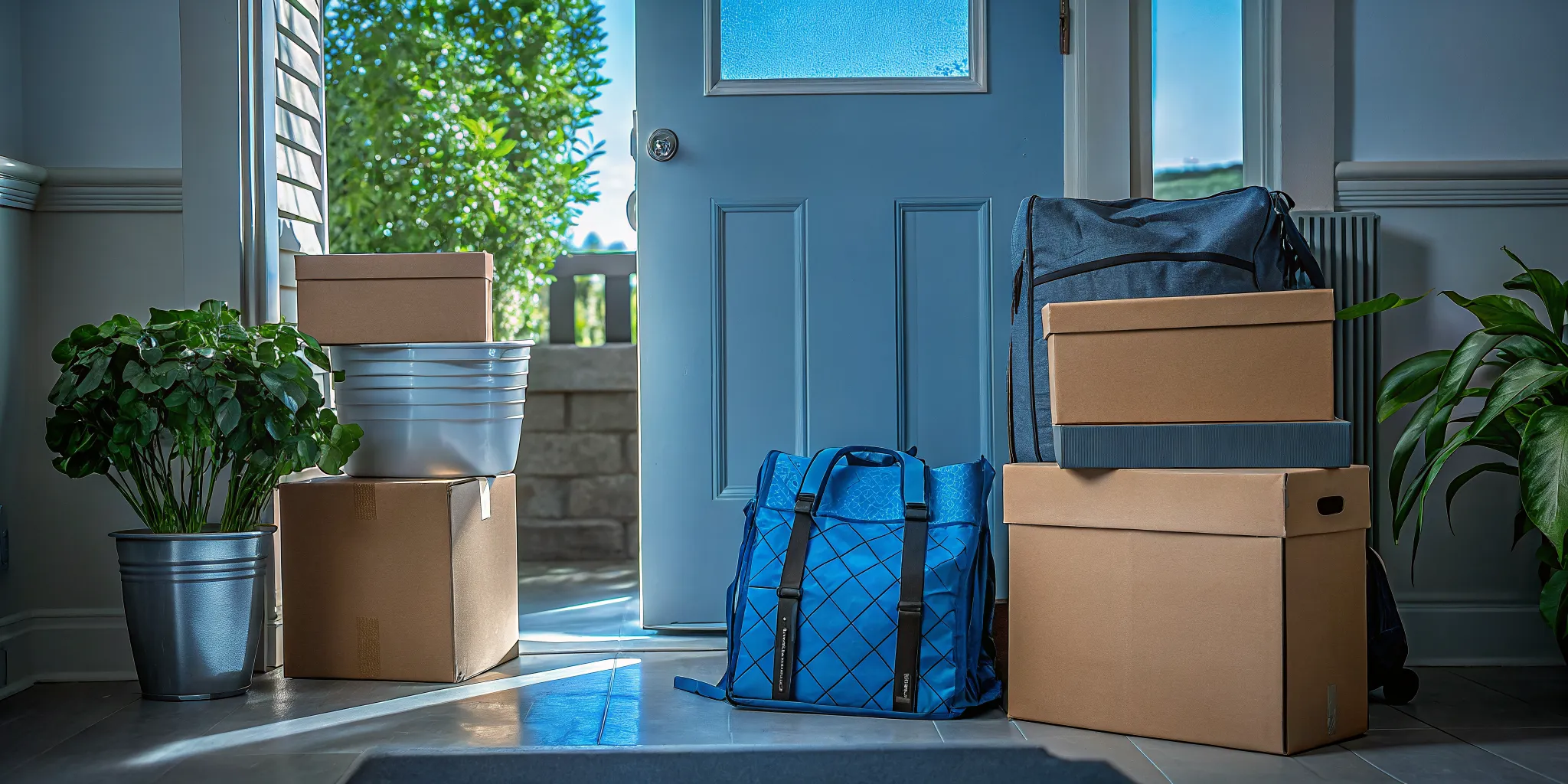 Personal essentials bag kept beside moving boxes