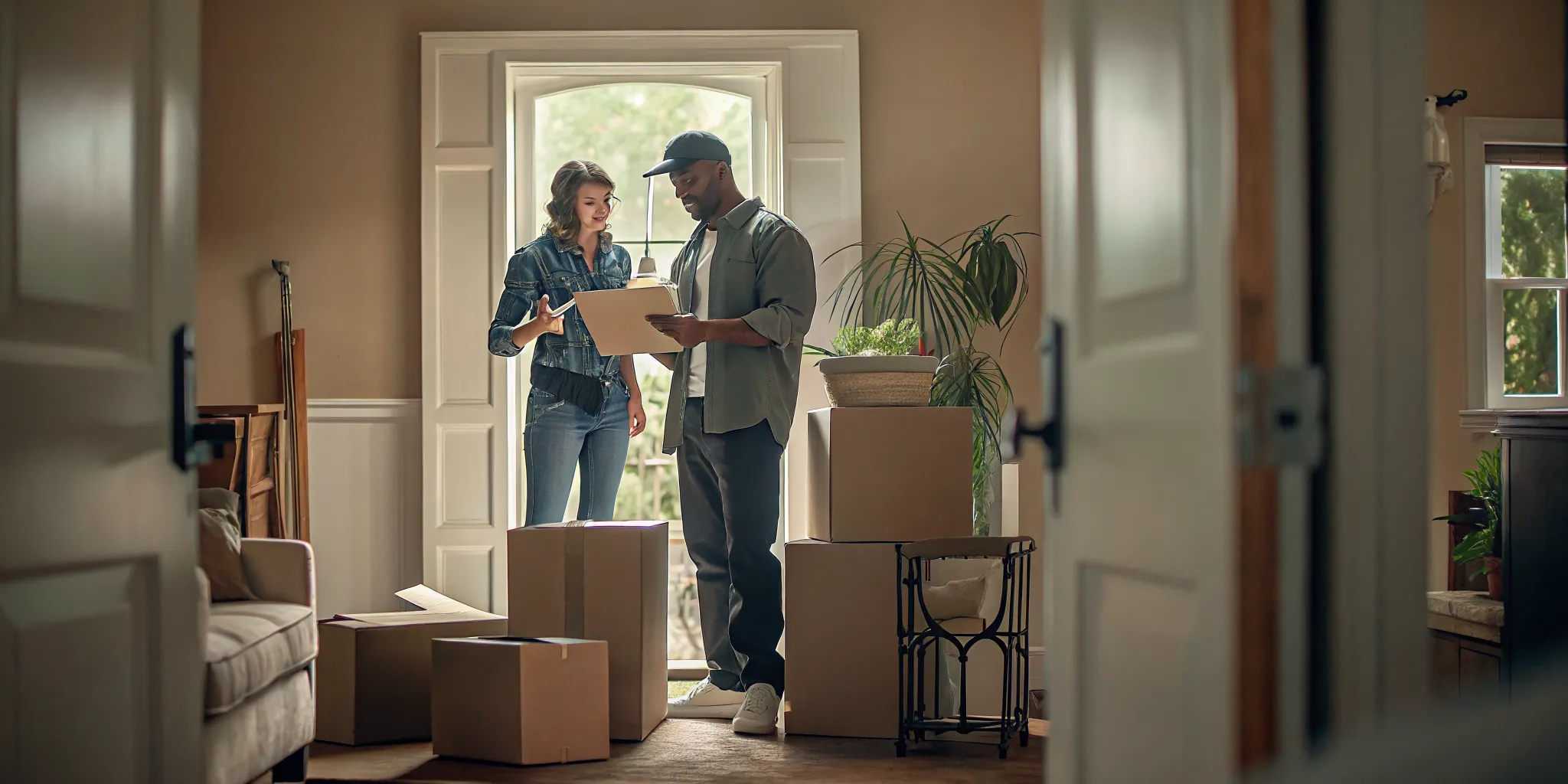 Homeowner reviewing an interstate moving estimate with a professional mover
