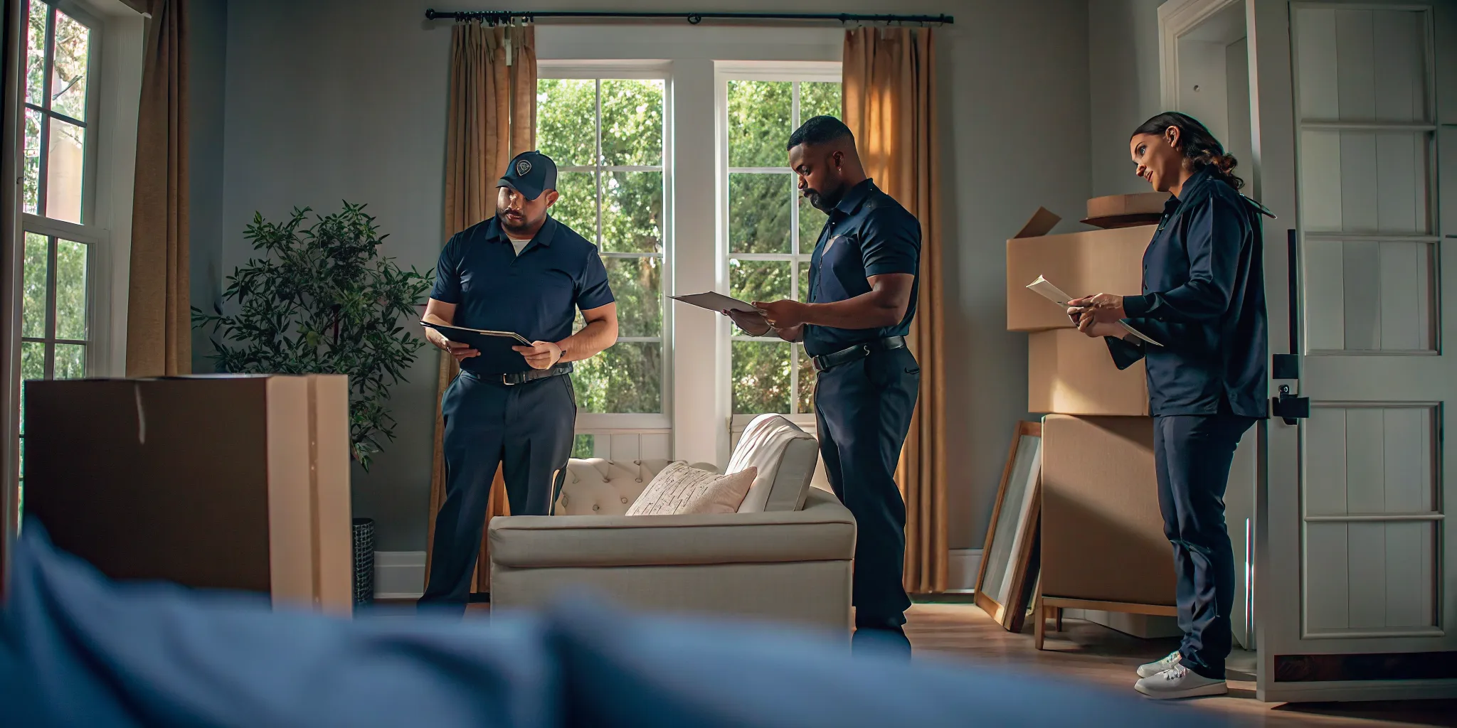 Moving consultant inspecting furniture and boxes during a home estimate in a bright Los Angeles living room