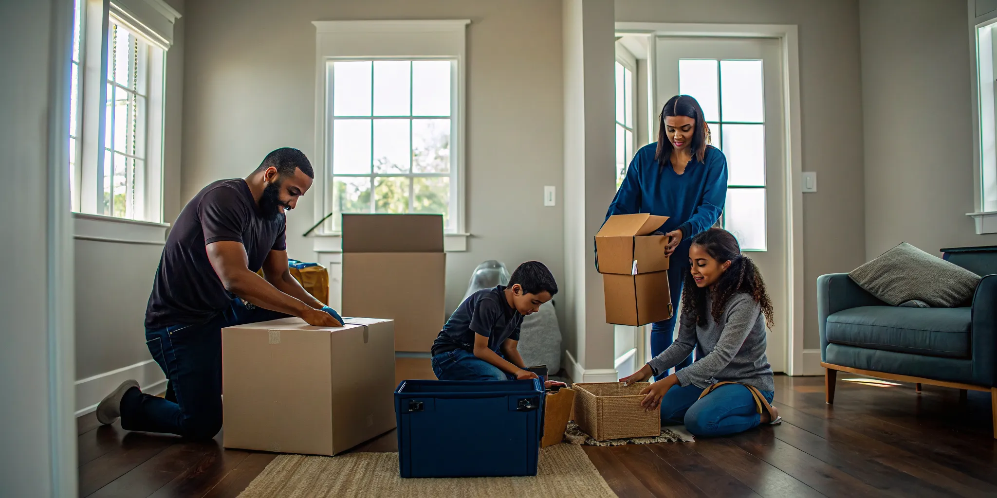 Moving essentials box beside prepared first-night bedding in a new home