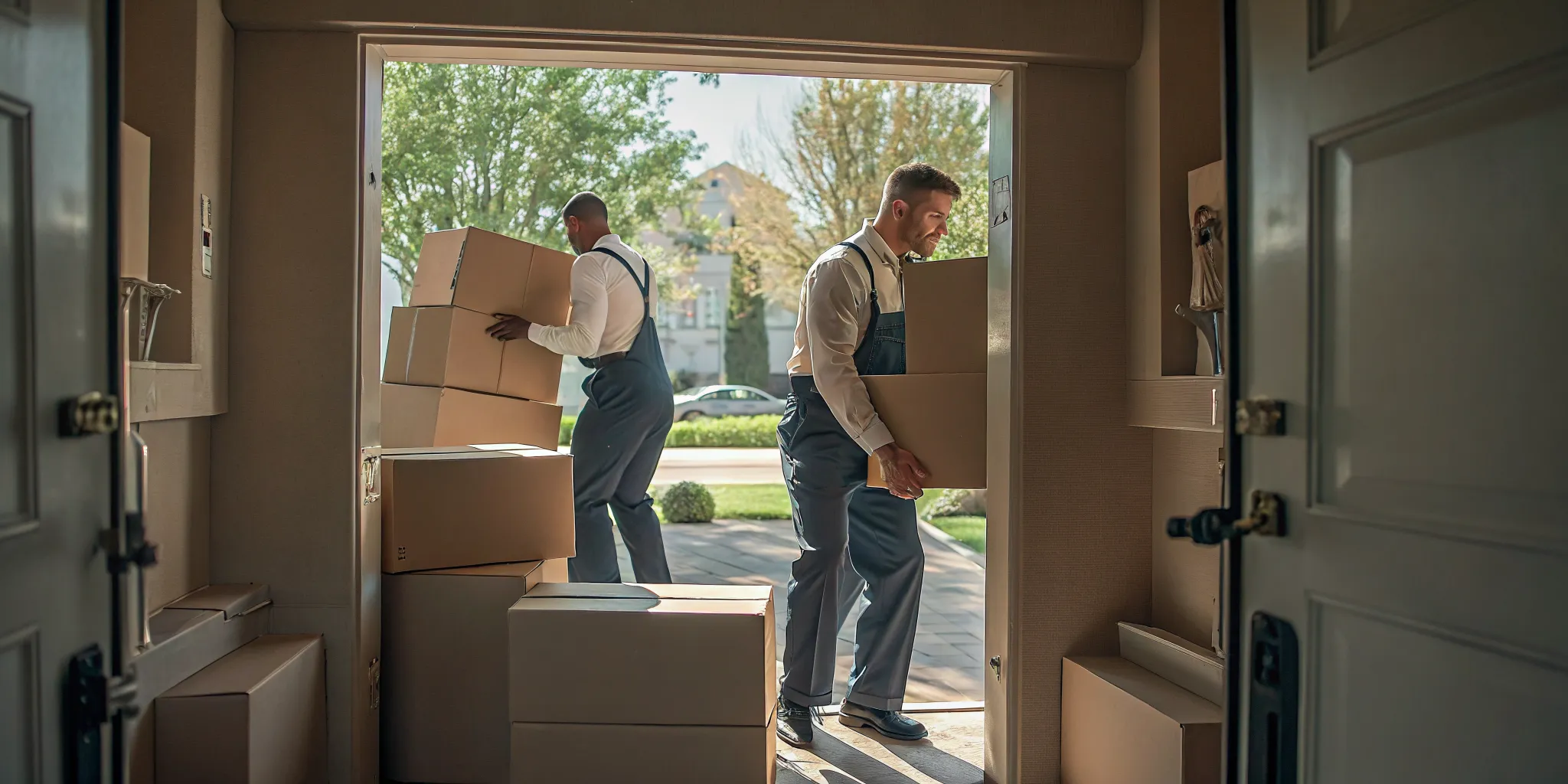 Flat rate movers Orange County residents can hire carrying labeled boxes from a local home