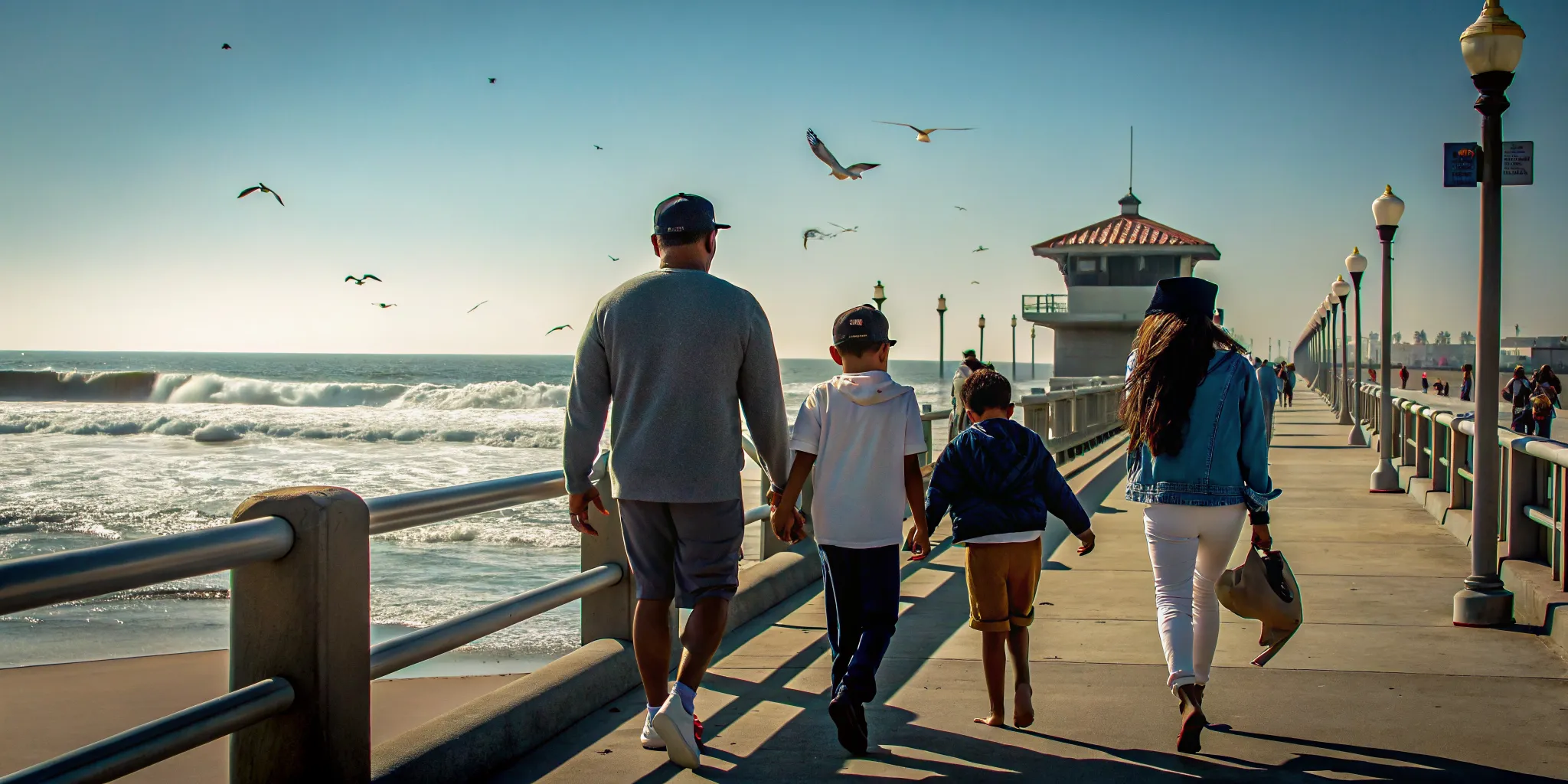 Family walking along Huntington Beach pier with surf and sandy beach on a sunny Southern California day