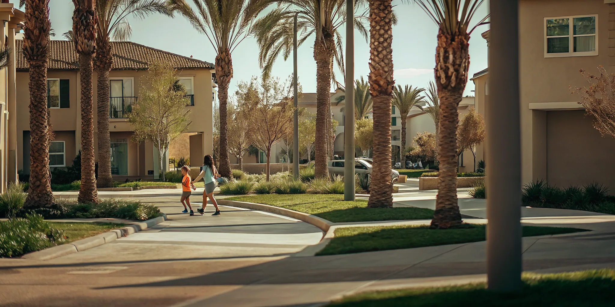 Beautiful Southern California suburban neighborhood with palm trees, landscaped homes, and clear blue sky
