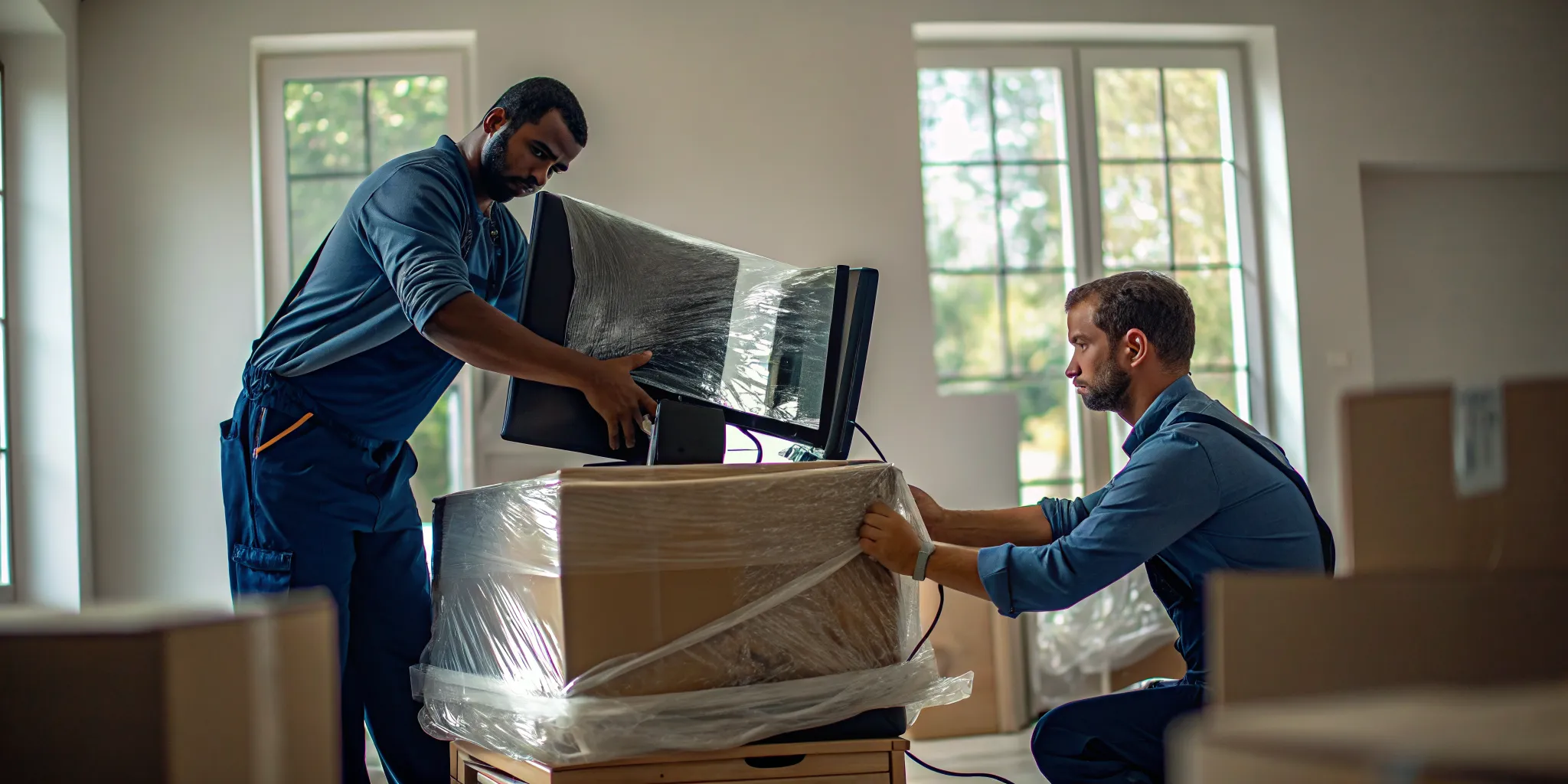 Professional movers wrapping office computers and deskside equipment with protective blankets