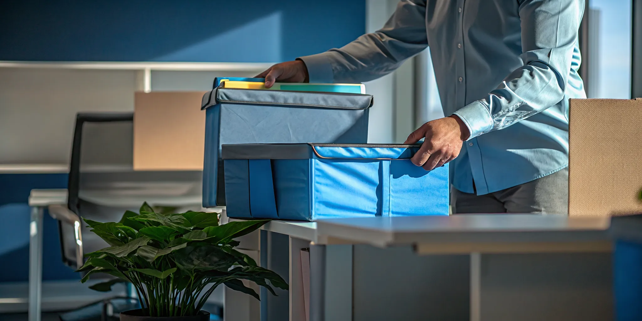 Coordinator placing color-coded labels on packed office moving totes in a Los Angeles office