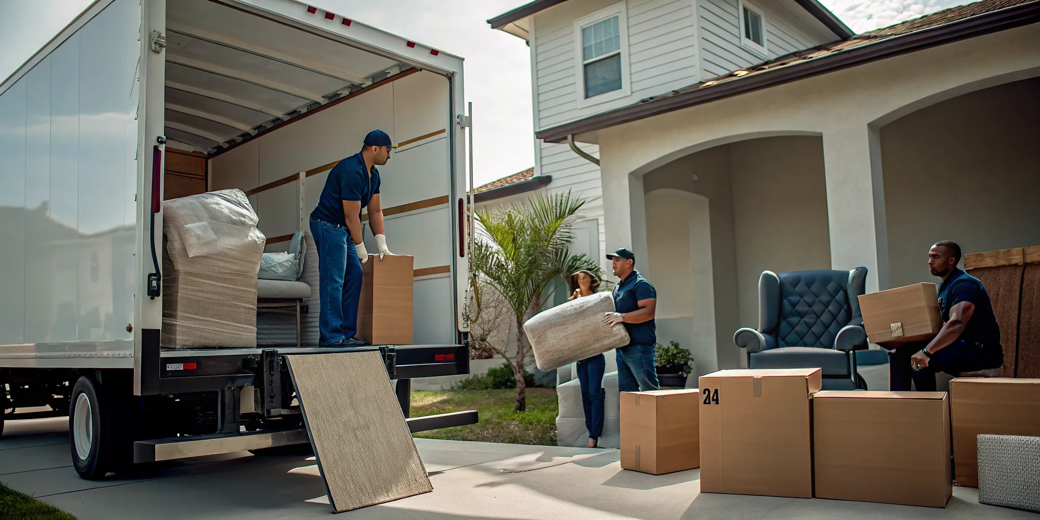 Professional moving crew loading wrapped household furniture into a truck