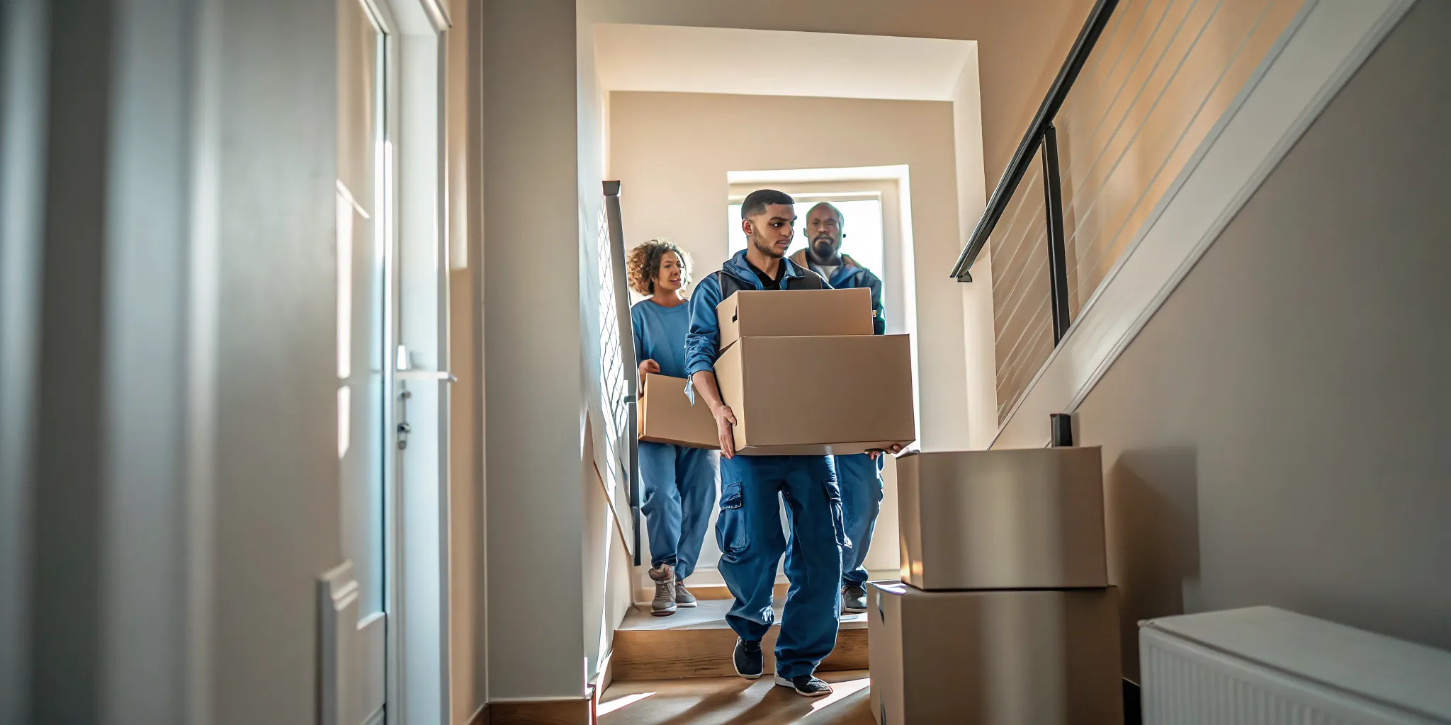 Moving crew carrying boxes through a Los Angeles apartment hallway with renter directing