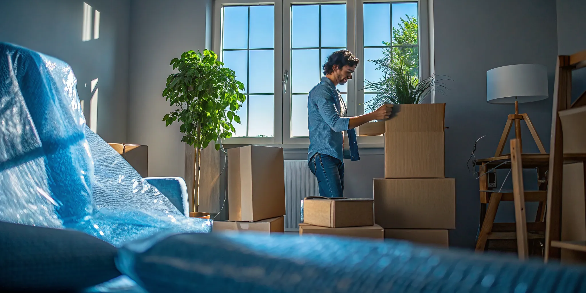 Young renter packing boxes with moving supplies in a bright small apartment