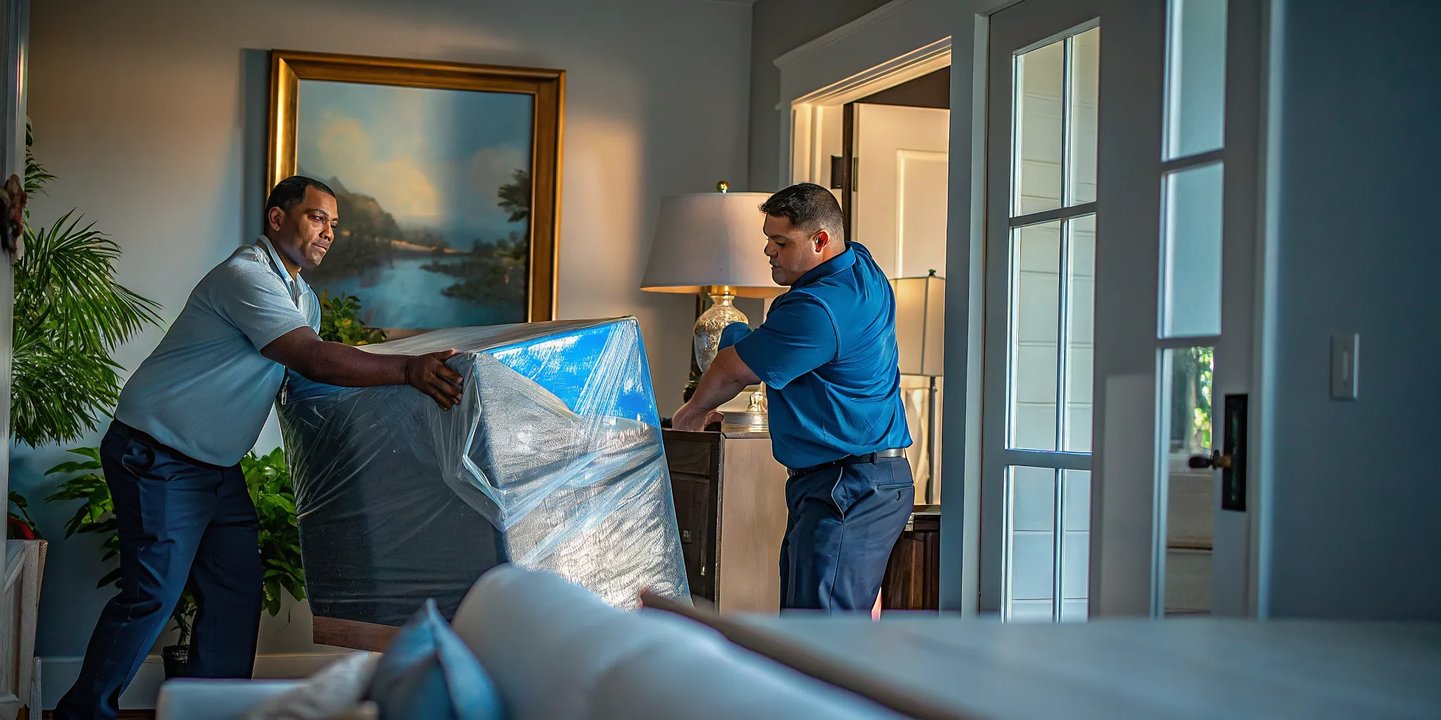 Professional movers carefully packing fragile items for a senior move in Los Angeles