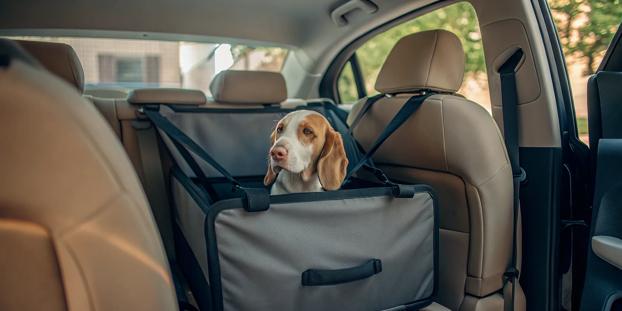 Dog safely secured in a pet carrier with a harness inside a car ready for a road trip move