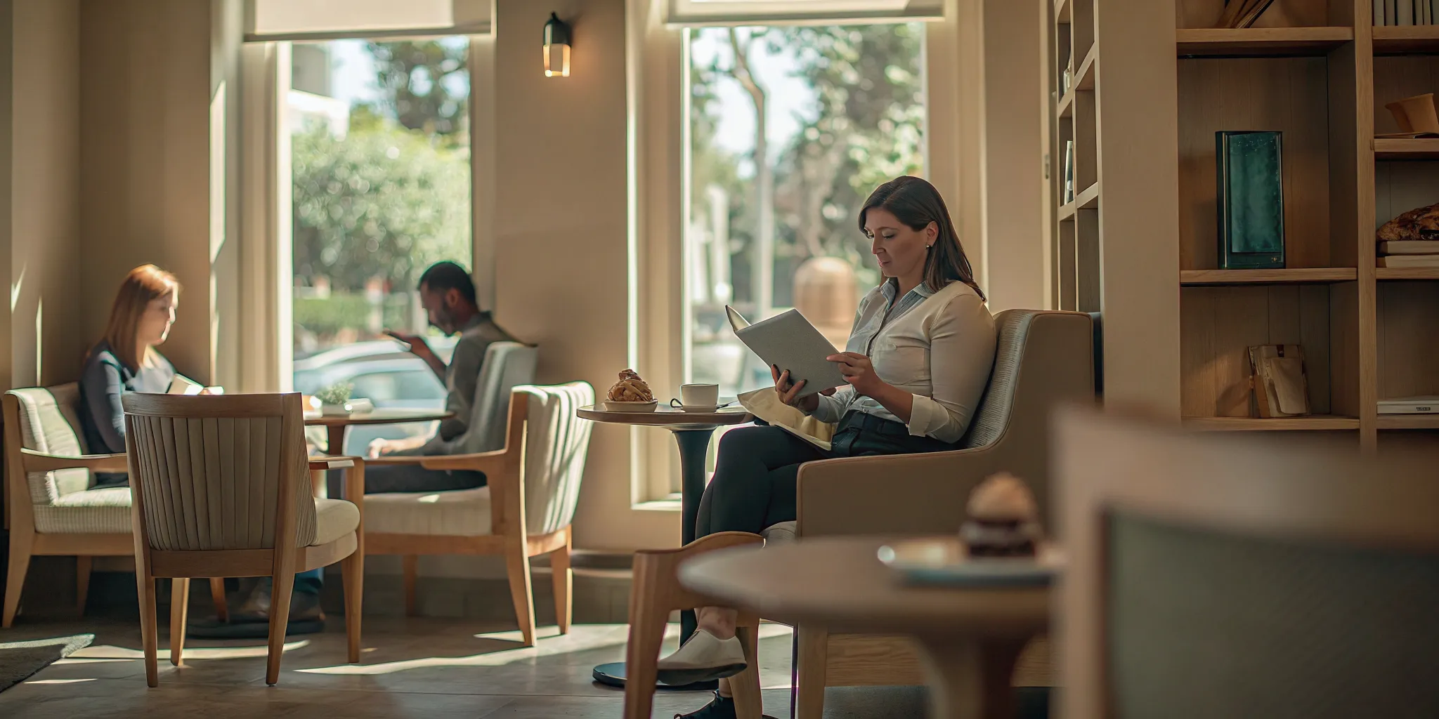 Customer researching moving company reviews on a laptop at a Los Angeles coffee shop