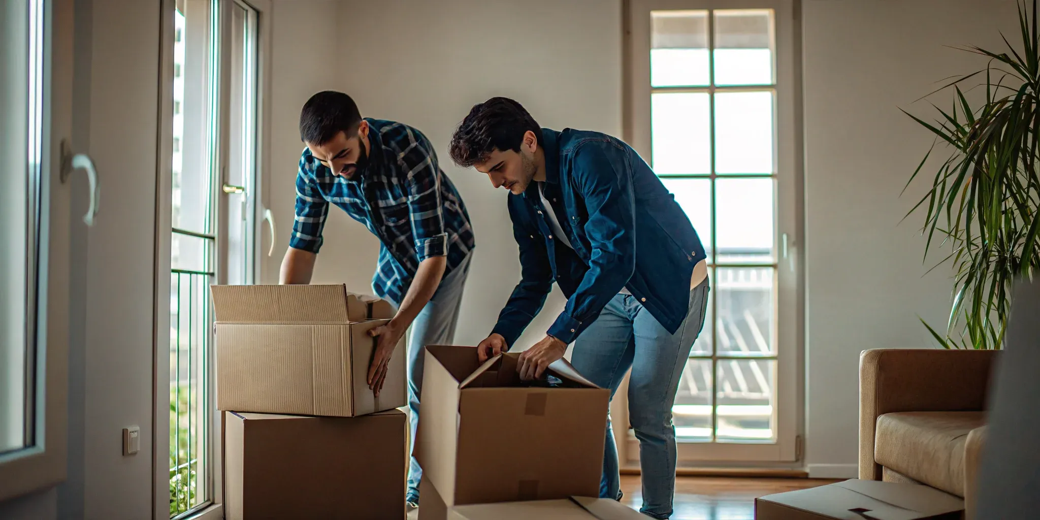 Two young roommates packing labeled boxes together in a bright unfurnished apartment