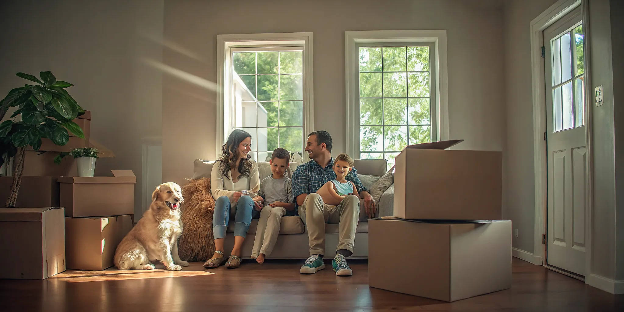 Happy family with their dog and cat relaxing in their new Southern California living room after a successful move