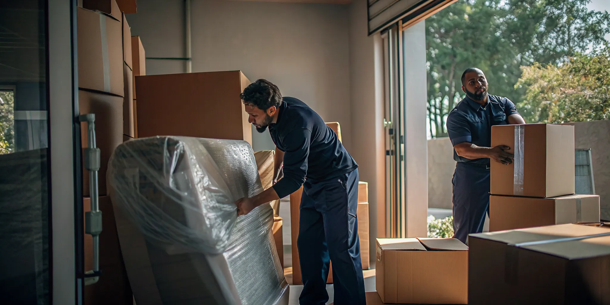 Labeled boxes and wrapped furniture organized for temporary storage between moves in Los Angeles