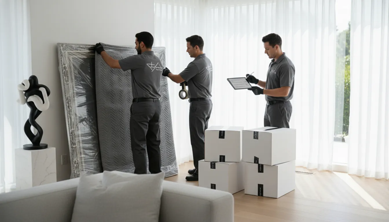 Professional California movers reviewing valuation coverage while wrapping framed artwork