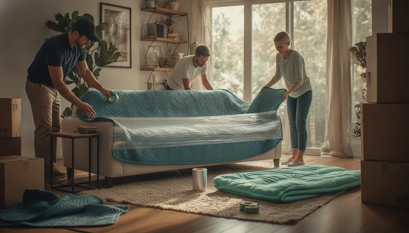 Movers wrapping a couch with padding before loading