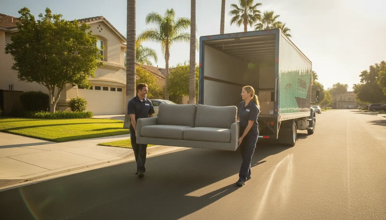 Professional movers carrying a small studio load to a moving truck on a sunny California street
