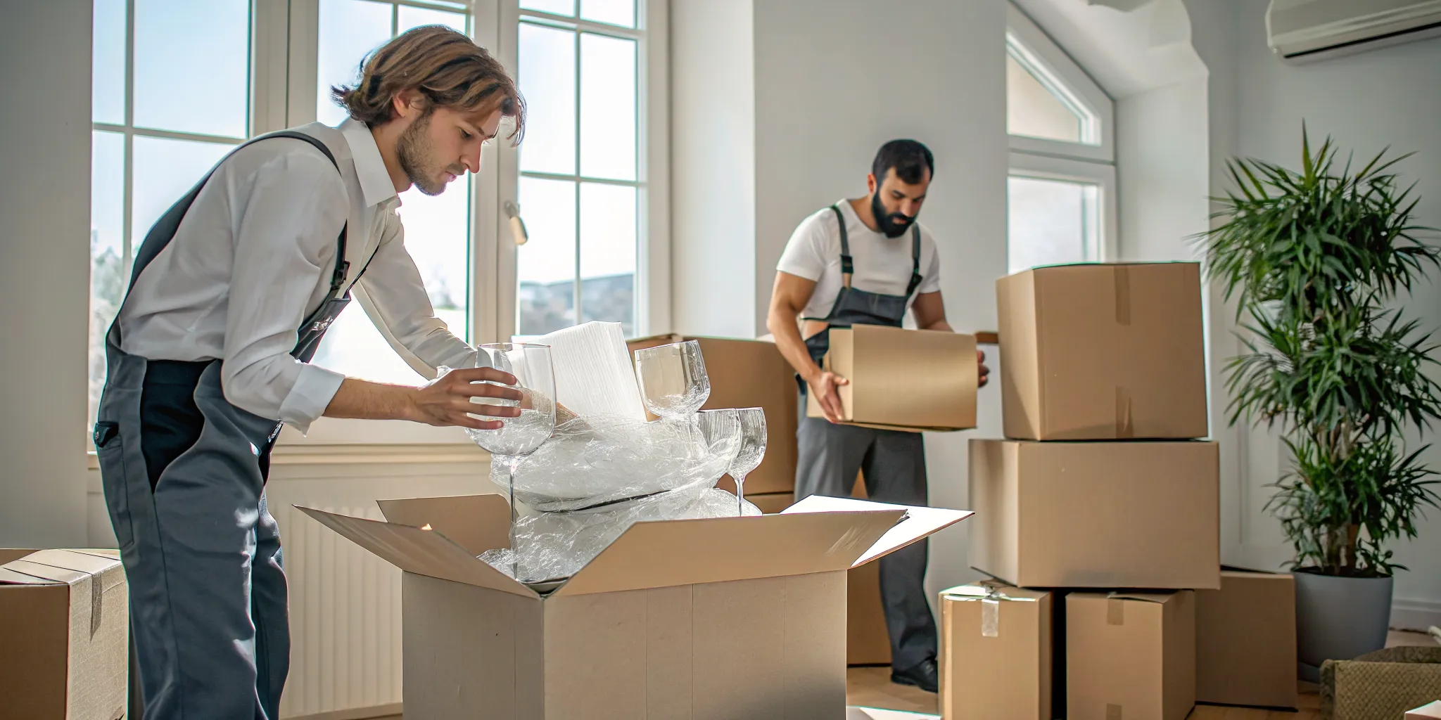 Professional movers packing glassware and dishes into sturdy moving boxes with bubble wrap and packing paper