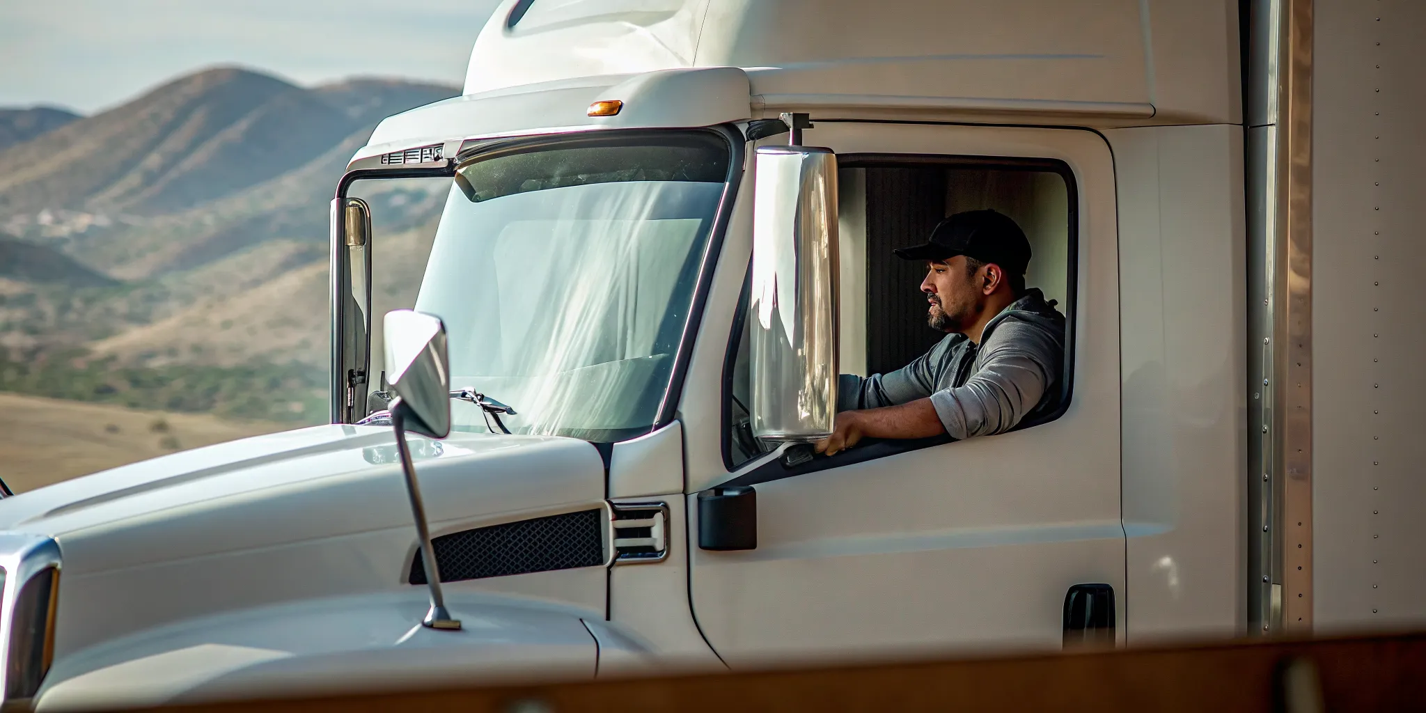 Moving truck driving along a highway through changing landscapes from California to the Pacific Northwest