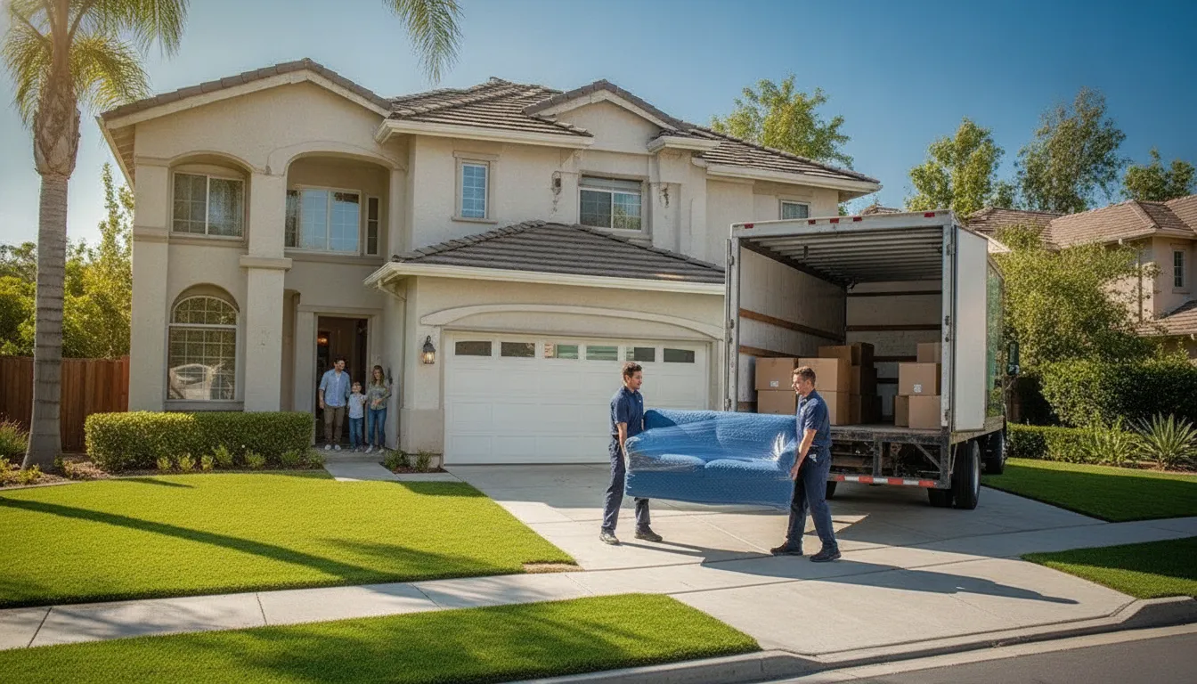 Professional movers carrying a wrapped sofa during a careful household move