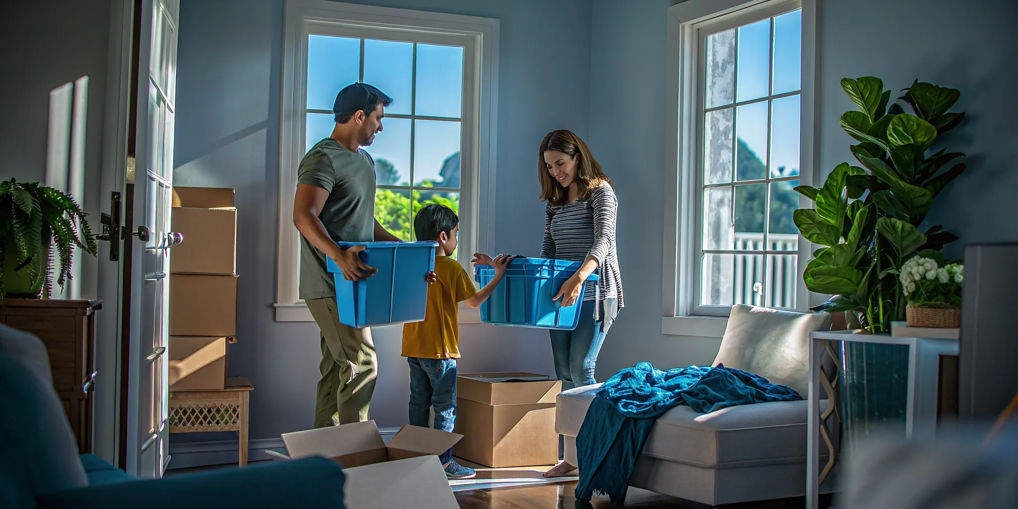 Family packing moving boxes with reusable plastic totes and cloth wraps for an eco-friendly moving day