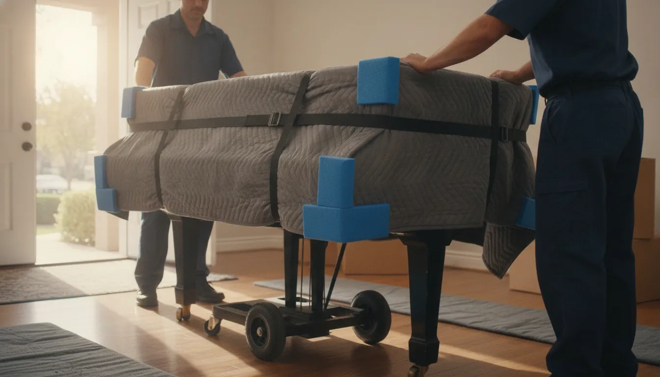 A grand piano wrapped in protective moving blankets being guided by professional piano movers on a dolly