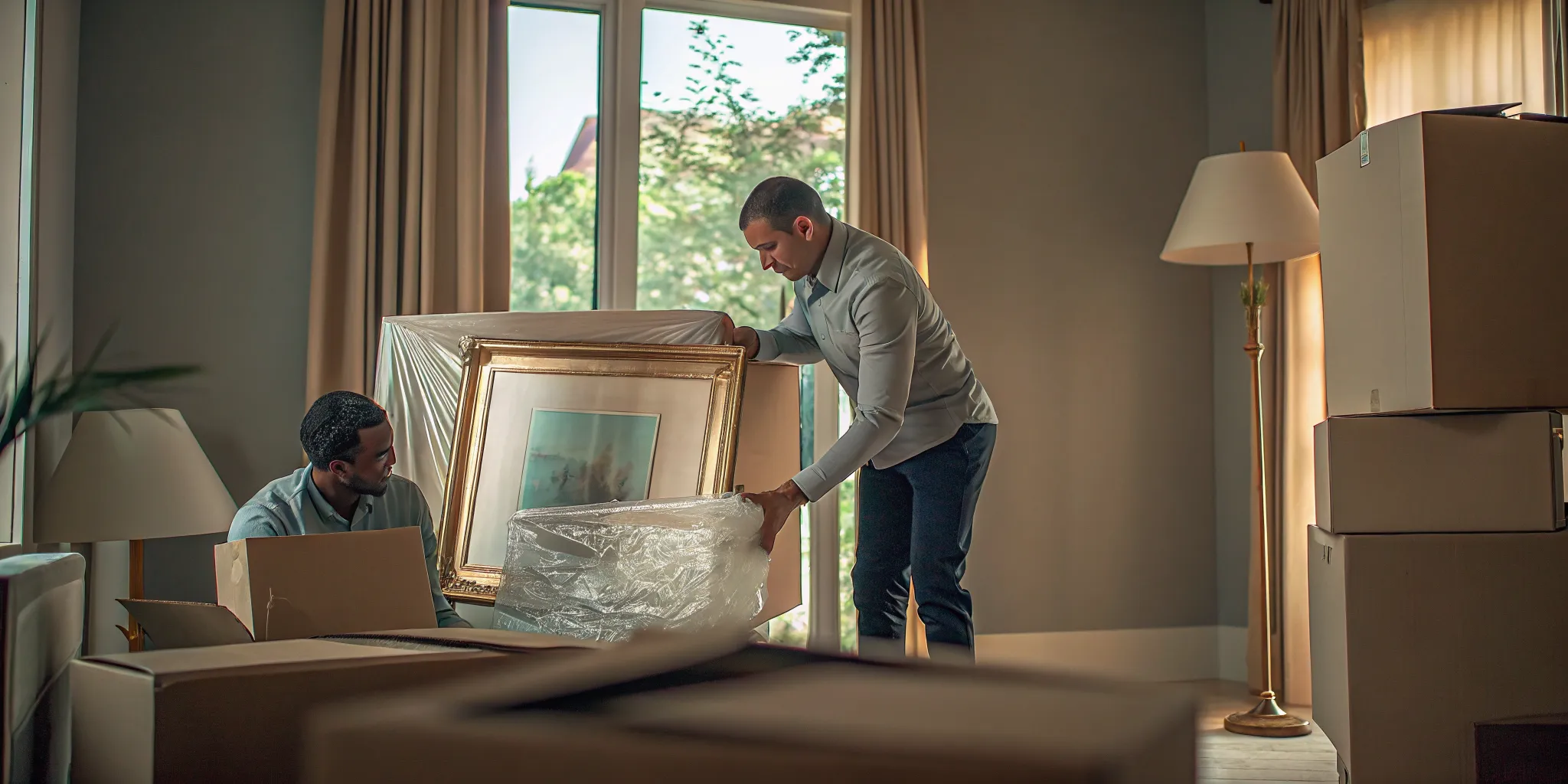 Expert mover wrapping a framed painting with protective materials and corner guards for a long distance move