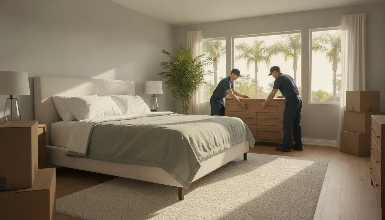A guest room arranged after a small-load CA relocation with movers placing furniture in warm afternoon light
