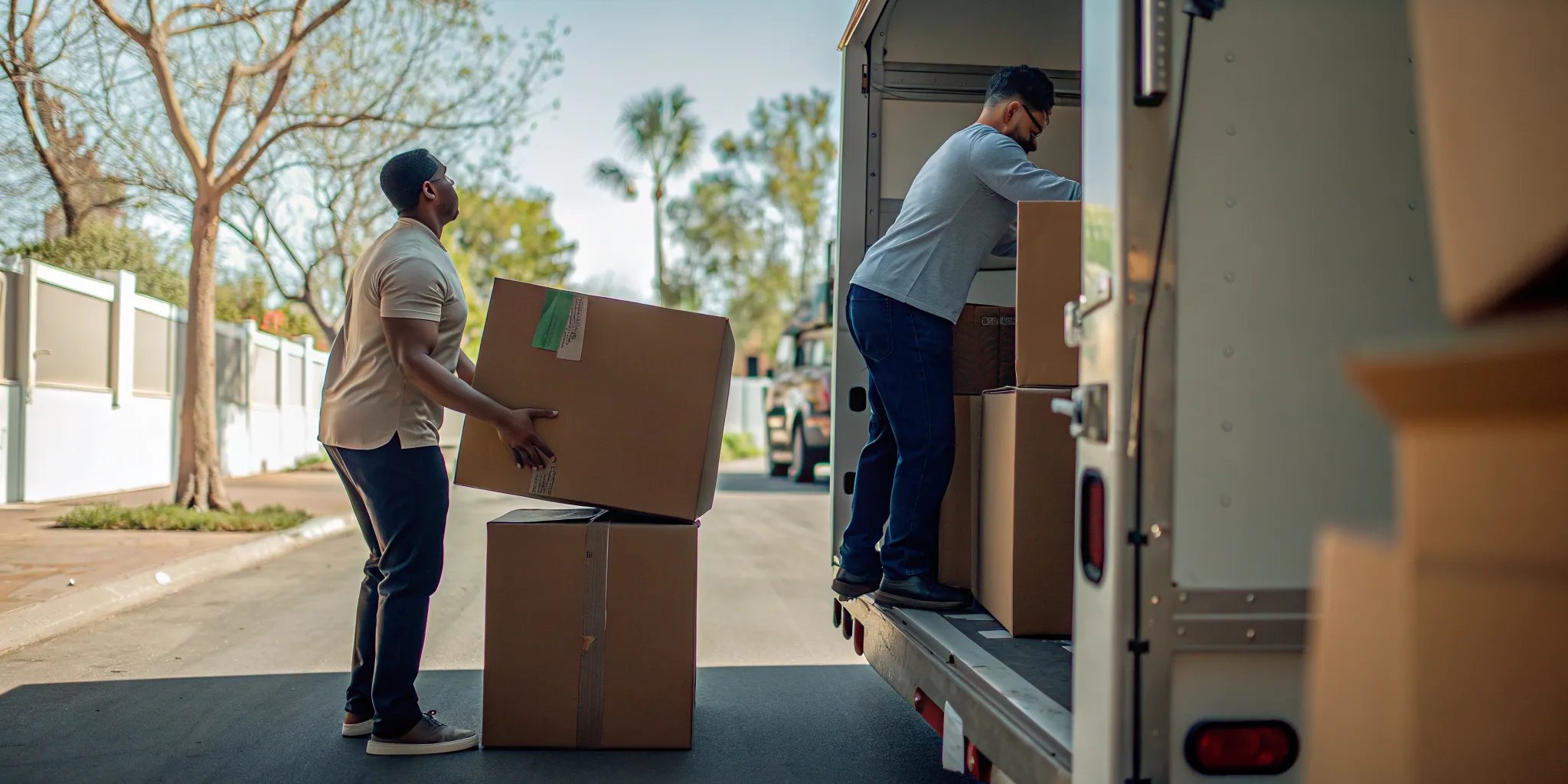 Sustainable moving crews recycling reusable boxes and moving supplies in a Southern California neighborhood