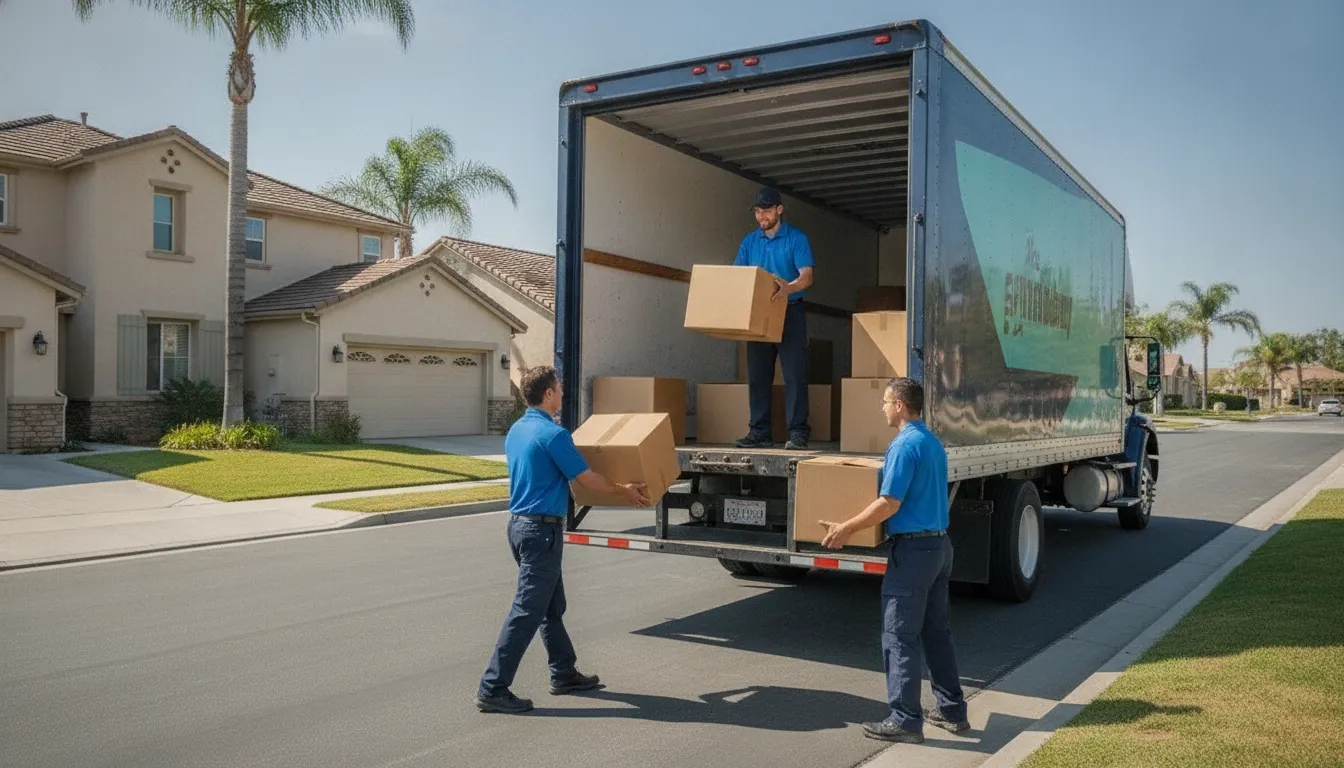 Professional local movers loading labeled boxes into a moving truck