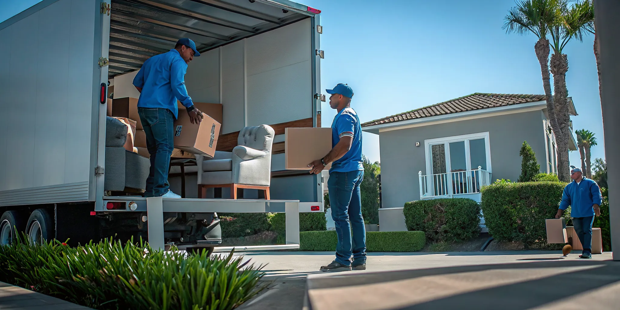 Professional movers working through a moving day checklist while loading a truck