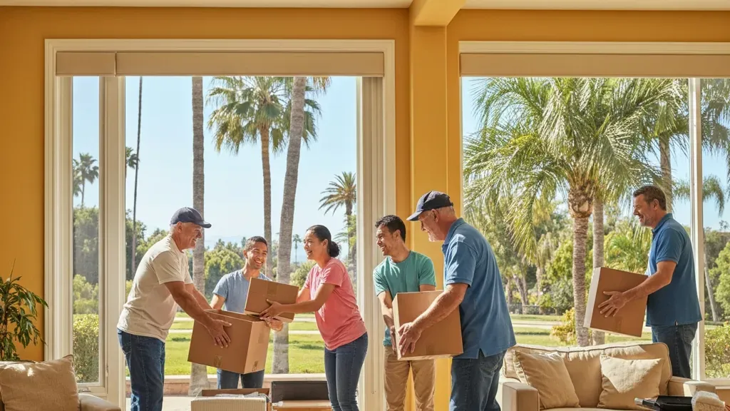 Unpacking moving boxes in a bright sunny Los Angeles home after moving from NYC to LA