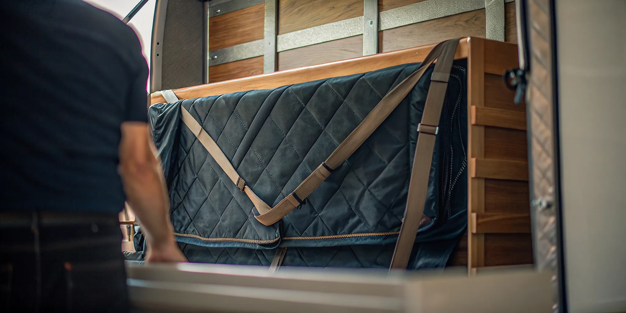 Grand piano secured on a padded piano board for safe transport
