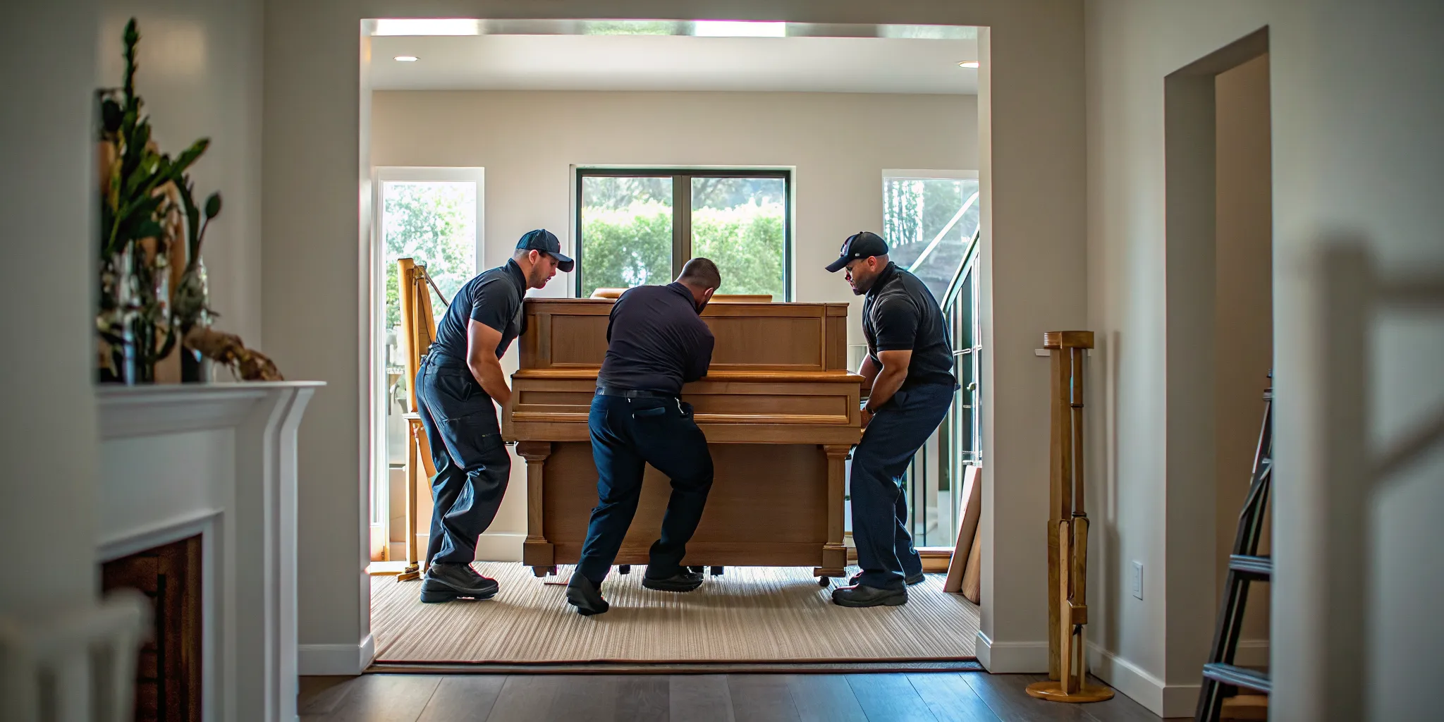 Movers preparing an upright piano with protective padding and specialized equipment