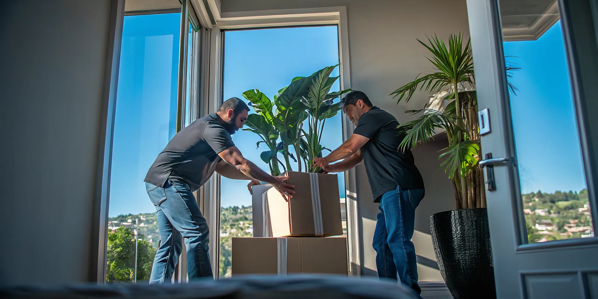 Careful packing materials arranged around houseplants before a move