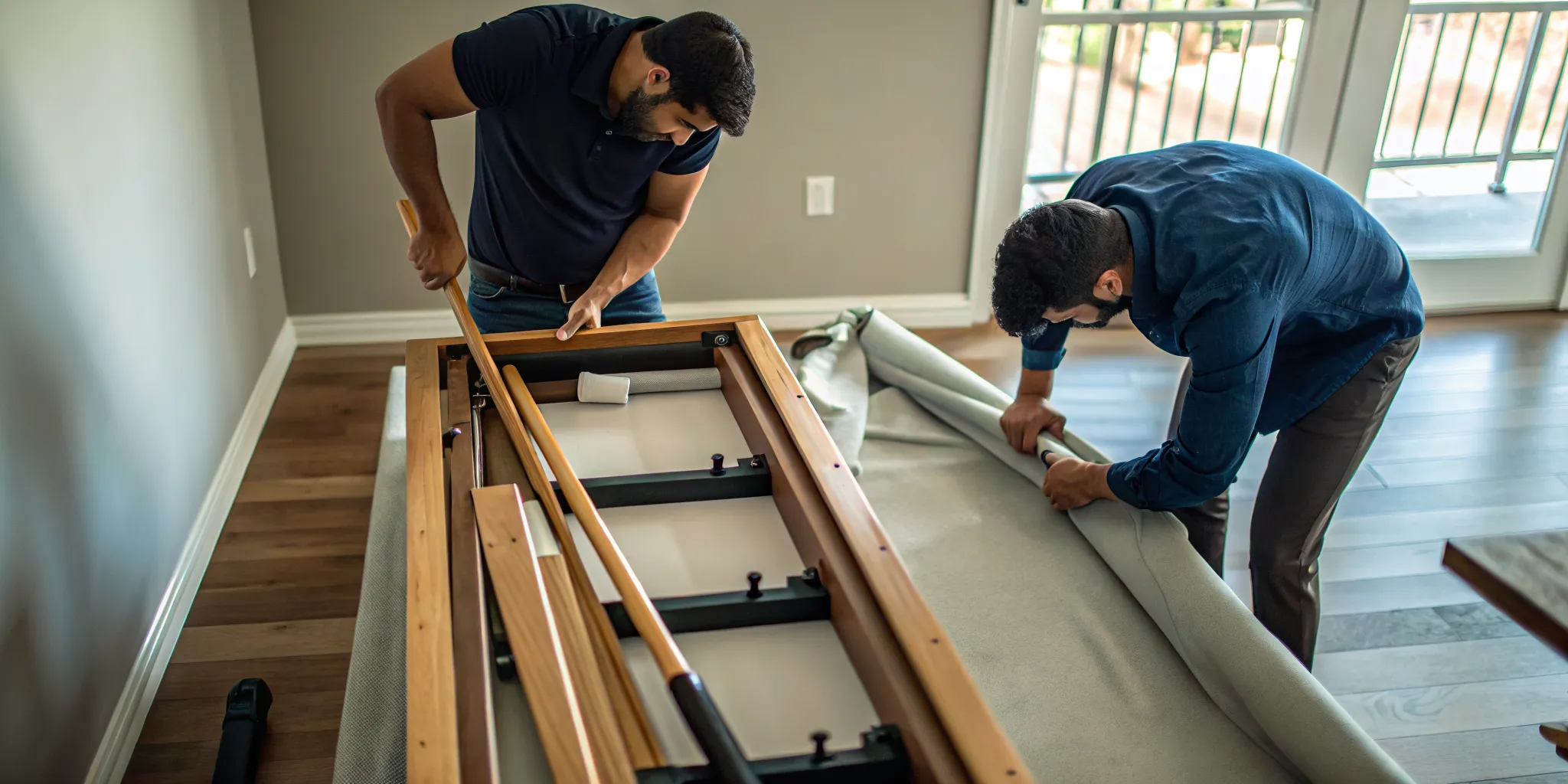Disassembled pool table parts organized for safe moving