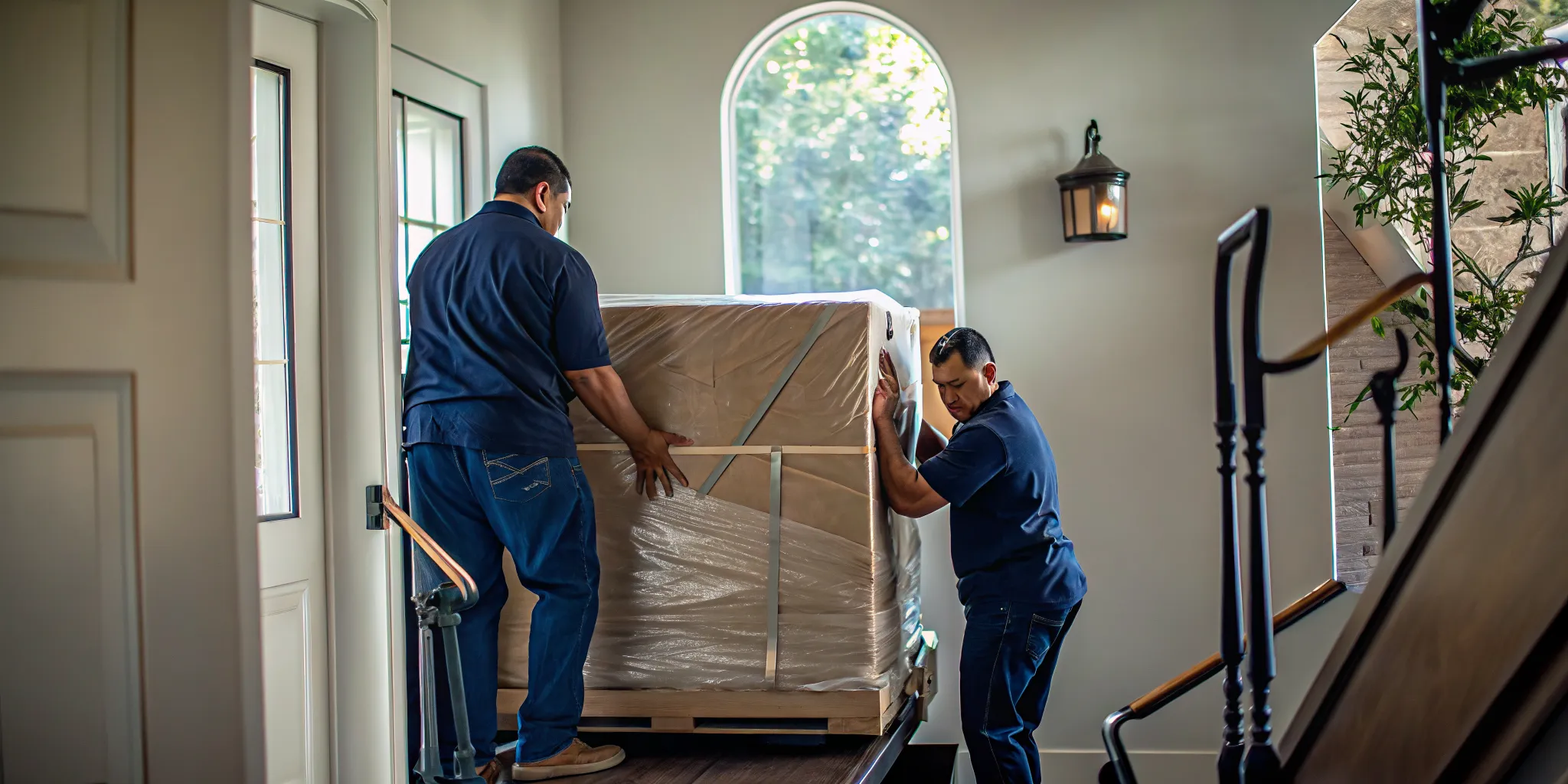 Team safely lifting wrapped pool table slate during a move