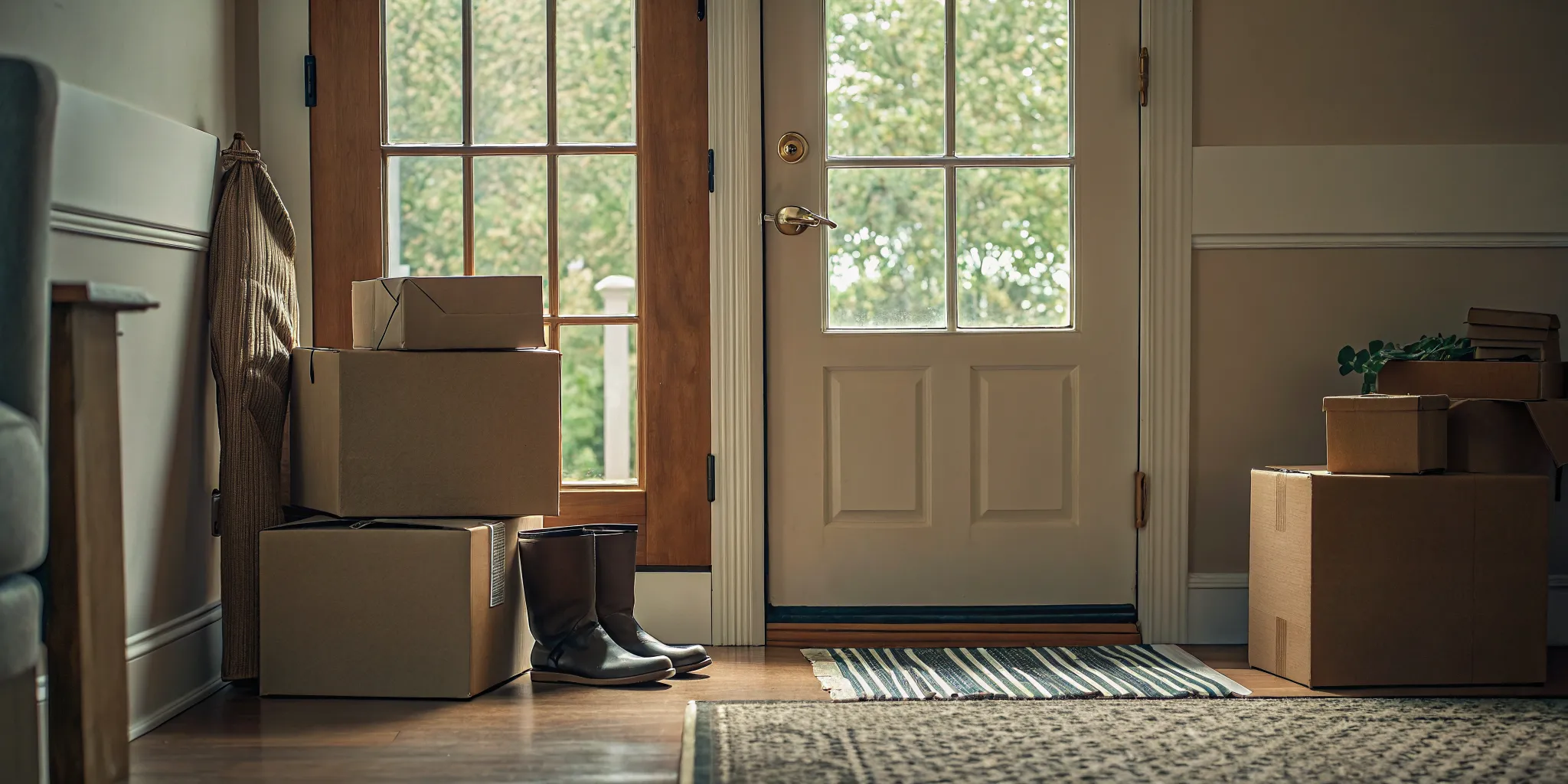 Nonslip runners protecting an entryway during a rainy moving day