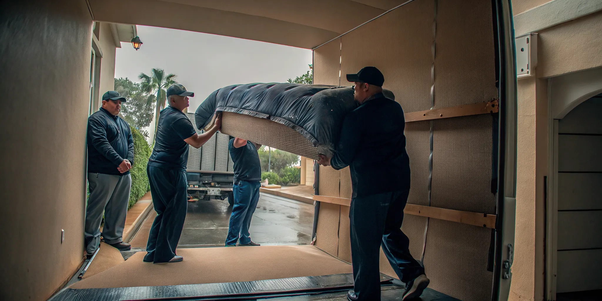Professional movers carrying a waterproof-wrapped sofa while moving in the rain