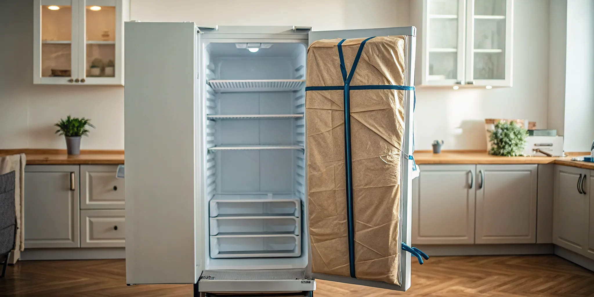 Refrigerator wrapped and prepared upright for moving