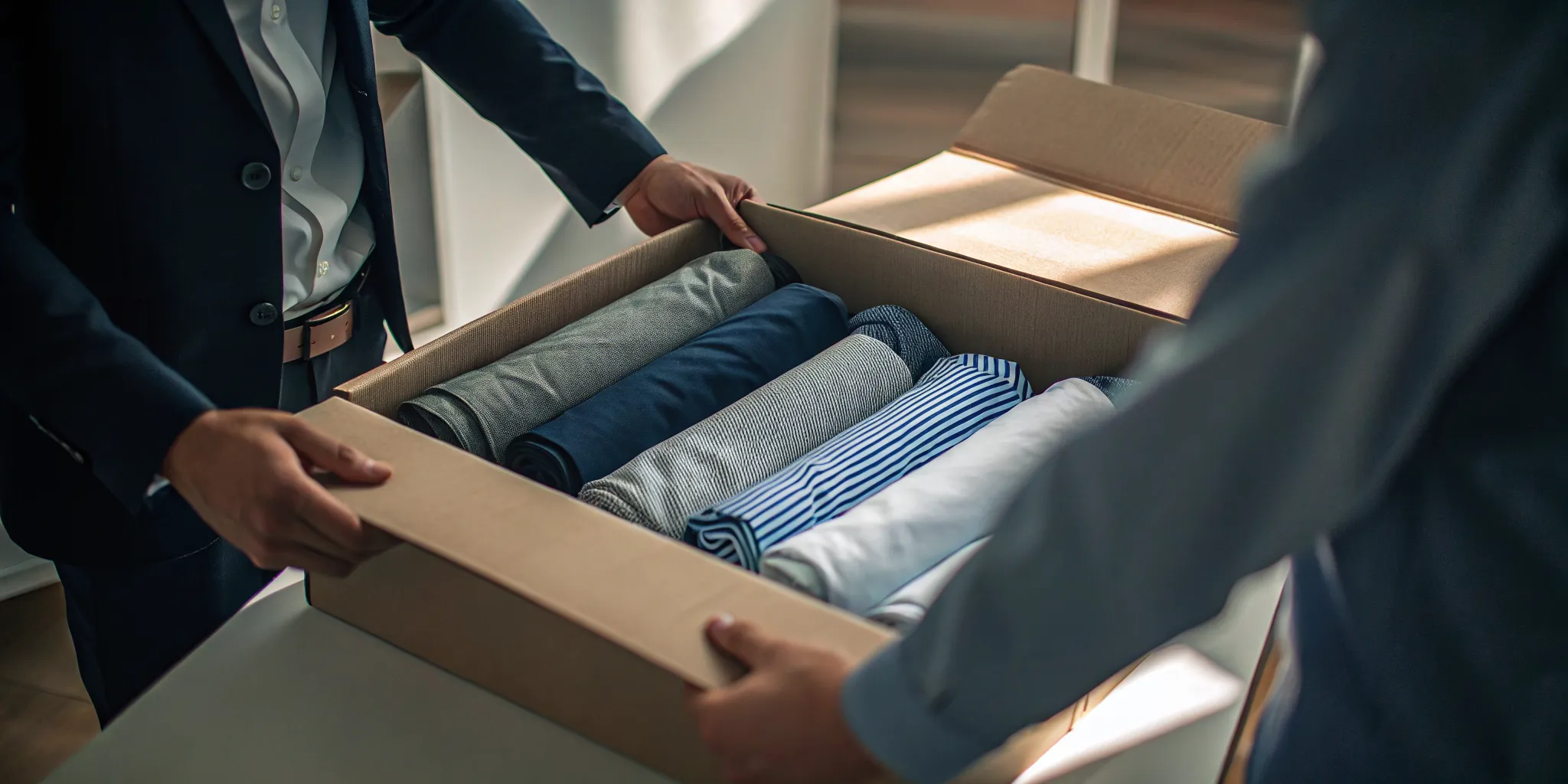 Rolled casual clothes and flat-folded shirts arranged in a moving box